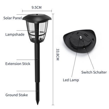 Aigostar - Lámpara solar LED LED/0,06W/2V 100 mAh 33,8 cm 6500K IP44 negro