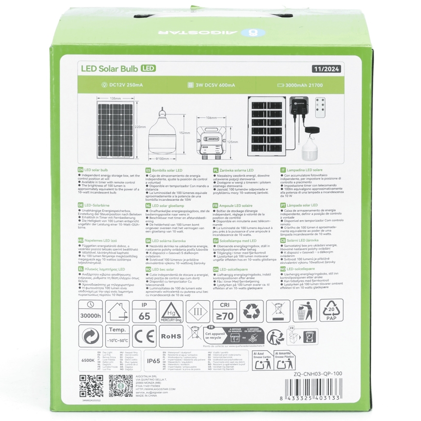 Aigostar - Lámpara solar LED LED/35W/12V 3000 mAh 6500K diá. 10 cm + control remoto