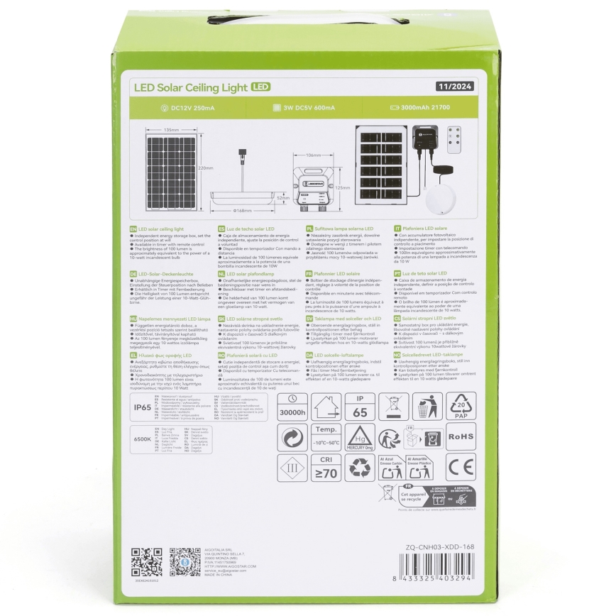 Aigostar - Lámpara solar LED LED/35W/12V 3000 mAh 6500K diá. 16,8 cm + control remoto