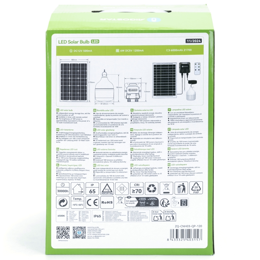 Aigostar - Lámpara solar LED LED/70W/12V 6000 mAh 6500K diá. 12 cm + control remoto