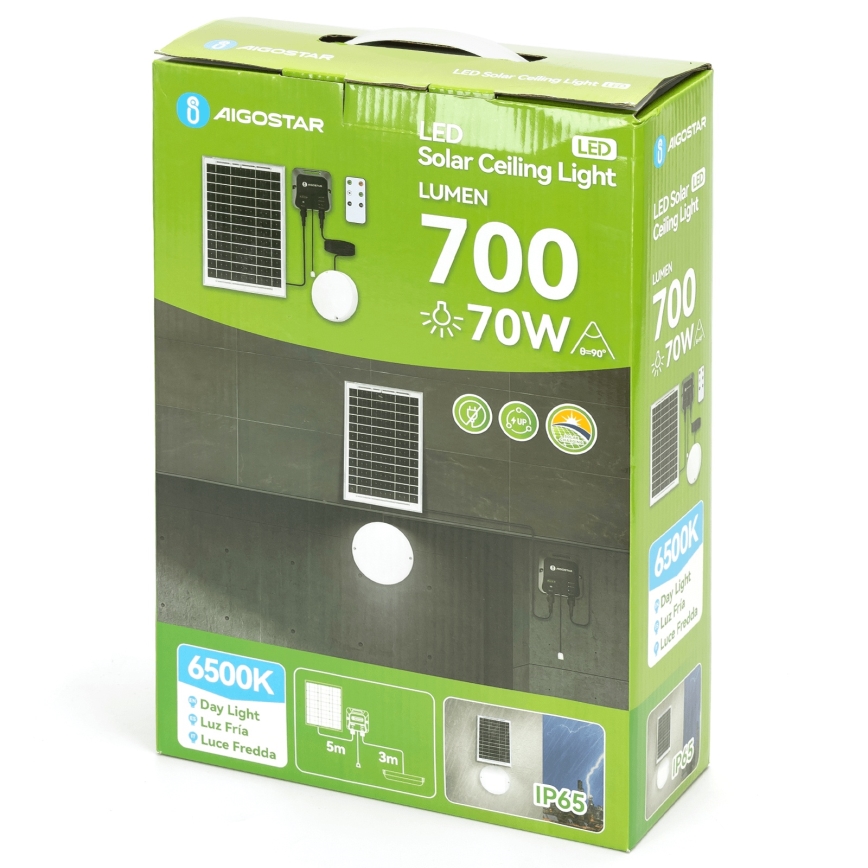 Aigostar - Lámpara solar LED LED/70W/12V 6000 mAh 6500K diá. 20,5 cm + control remoto