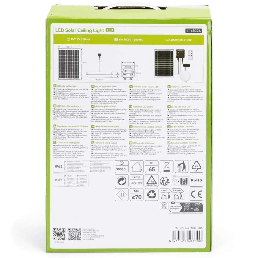 Aigostar - Lámpara solar LED LED/70W/12V 6000 mAh 6500K diá. 20,5 cm + control remoto