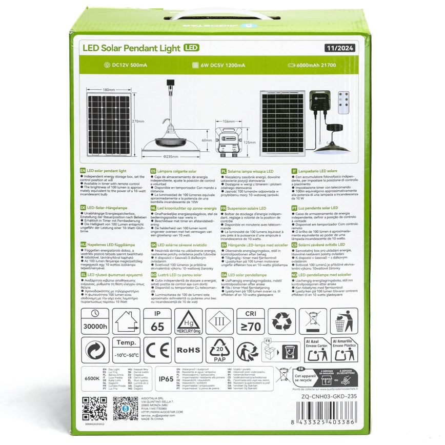 Aigostar - Lámpara solar LED LED/70W/12V 6000 mAh 6500K diá. 23,5 cm + control remoto