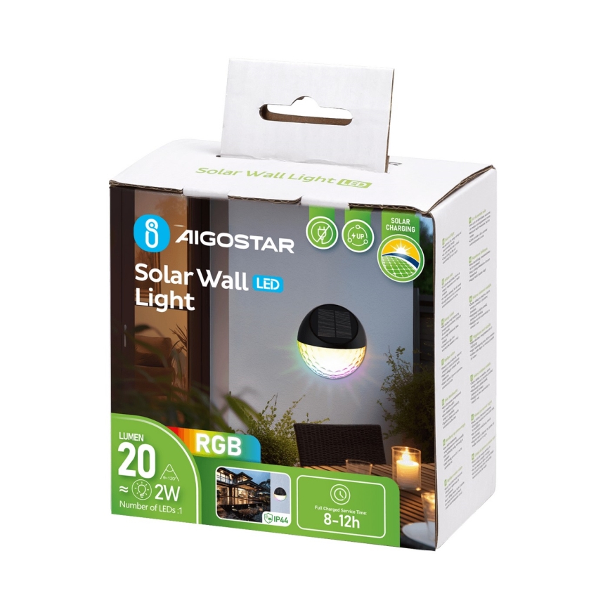 Aigostar - Lámpara de pared solar LED RGB LED/2W/1,2V 300 mAh negra IP44