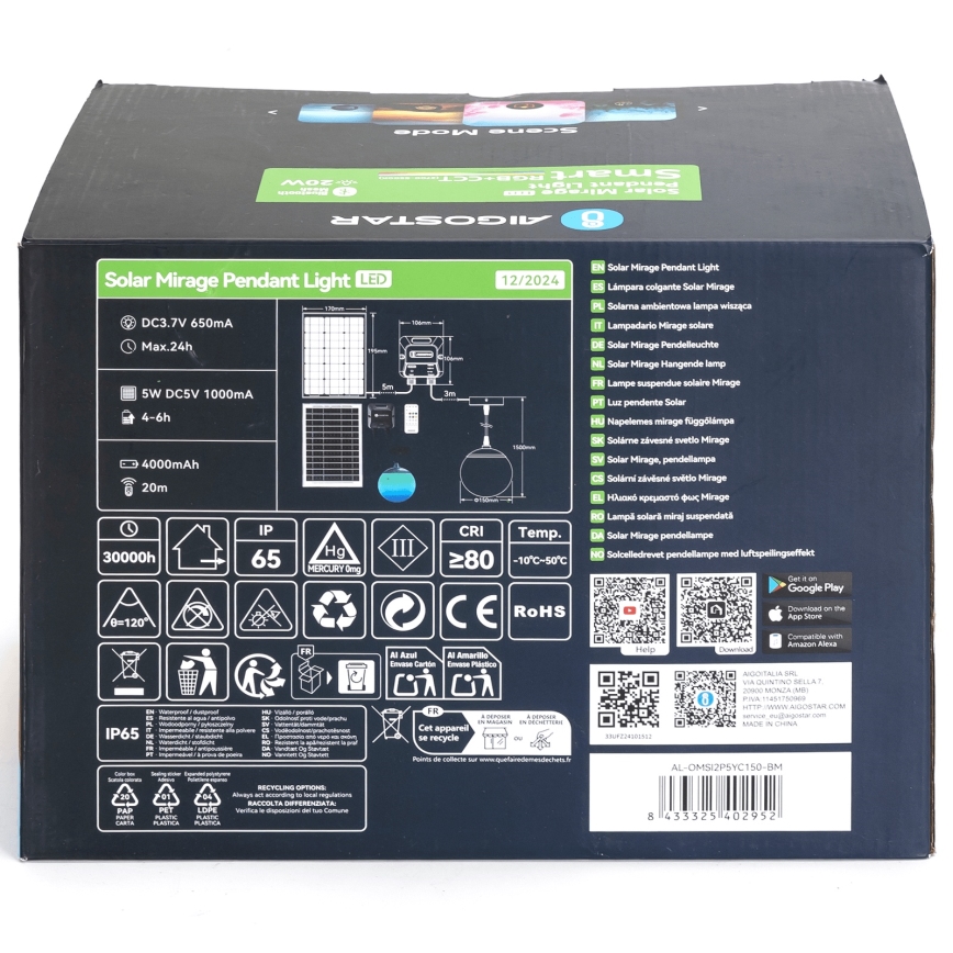 Aigostar - LED RGBW Lámpara de araña solar regulable MESH LED/20W/3,7V 4000 mAh 2700K-6500K IP65 diá. 15 cm