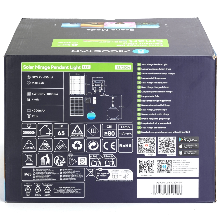 Aigostar - Lámpara solar regulable LED RGBW MESH LED/20W/3,7V 4000 mAh 2700K-6500K IP65 d. 20 cm