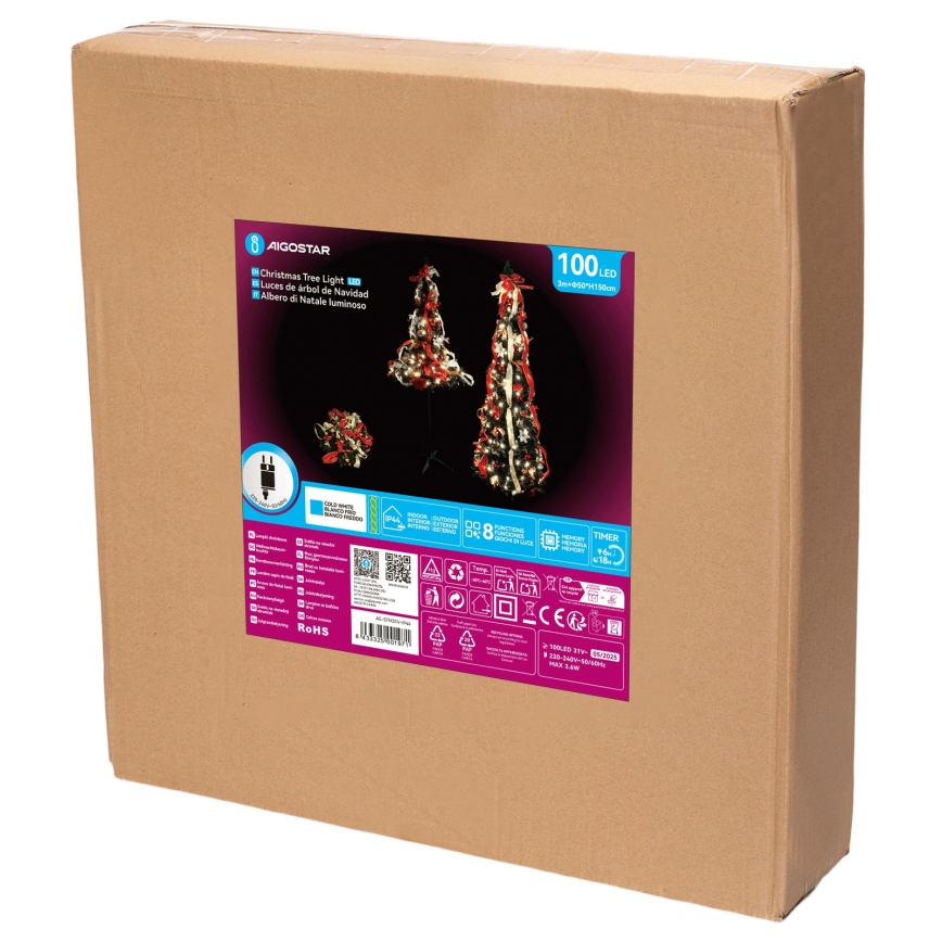 Aigostar - Árbol de Navidad LED de exterior 100 LEDs 1,5 m IP44 rojo y blanco frío