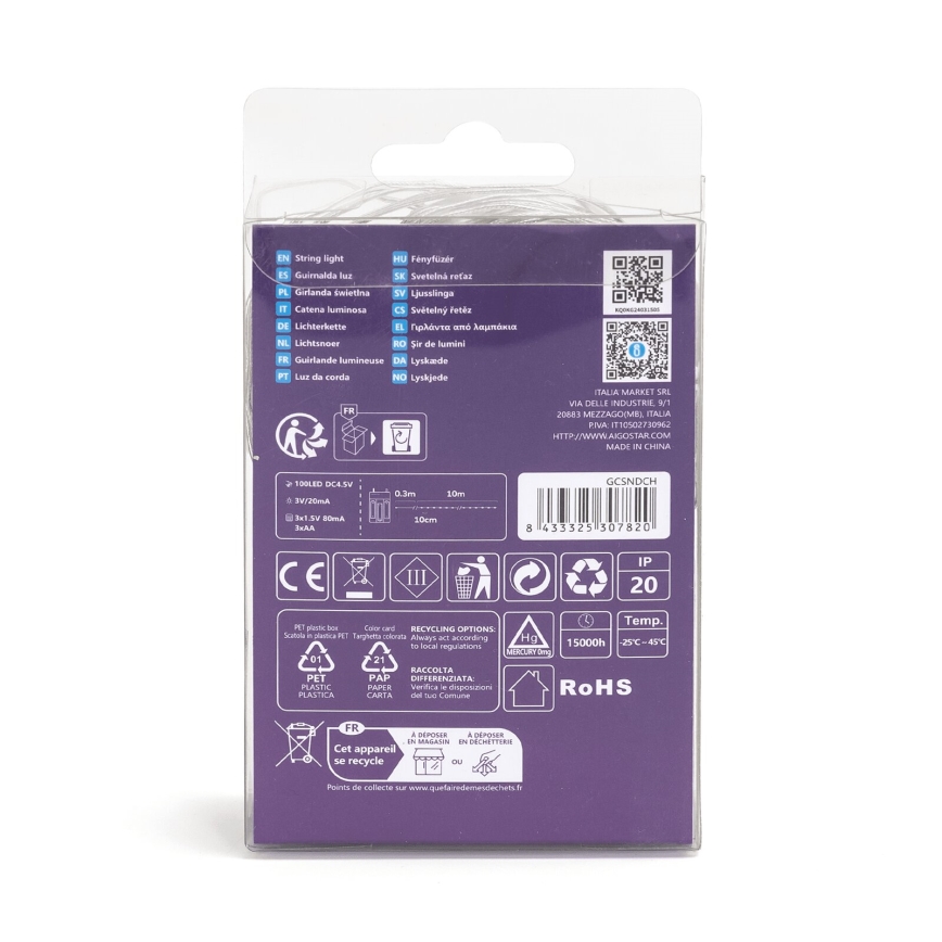 Aigostar - LED  cadena 100xLED/3xAA 10,3m blanco cálido