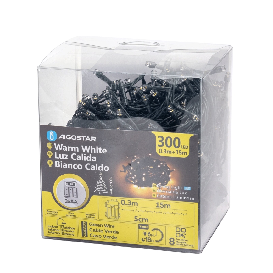 Aigostar-LED Cadena de luces LED para exterior, 300 LEDs, 8 funciones, 3xAA, 15,3 m, IP44, blanco cálido