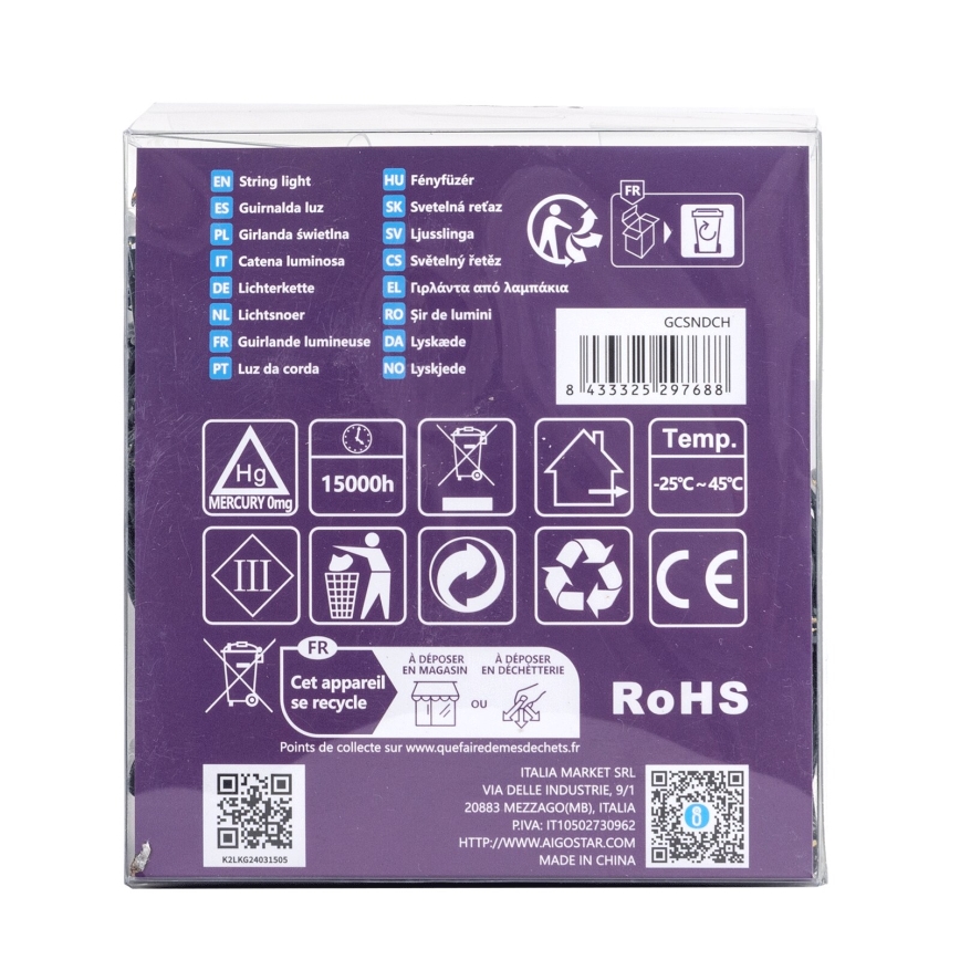 Aigostar-LED Cadena de luces LED para exterior, 300 LEDs, 8 funciones, 3xAA, 15,3 m, IP44, blanco cálido