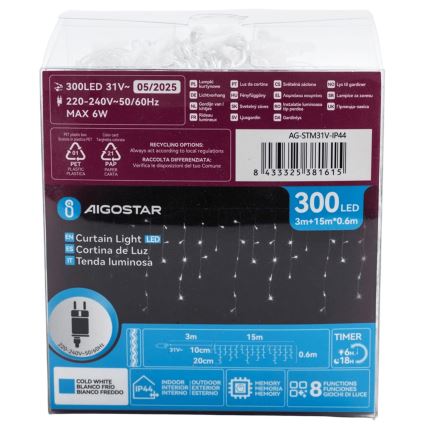 Aigostar - Cadena decorativa LED para exteriores 300xLED/6W/230V 15x0,6m IP44 blanco frío