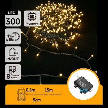 Aigostar-LED Cadena para exterior 300 LEDs/8 funciones 3x AA 15,3 m IP44 blanco cálido