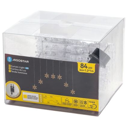 Aigostar - Cadena LED exterior 84xLED/8 funciones 1,2x1 m IP44 blanco cálido copos de nieve