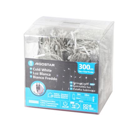 Aigostar - LED Guirnalda navideña de exterior 300xLED/6W/230V/8 funciones 15x0,4m IP44 blanco frío