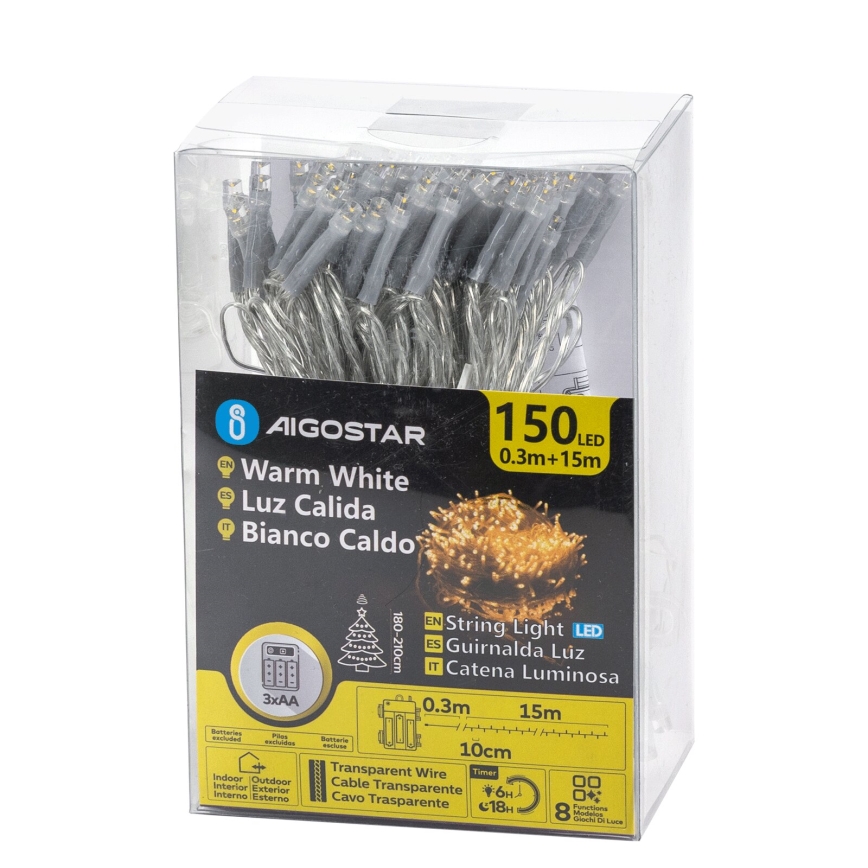 Aigostar -LED Guirnalda para exterior 150 LEDs/8 funciones 3xAA 15,3m IP44 blanco cálido