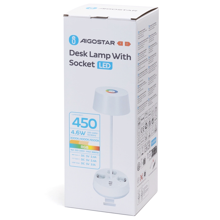 Aigostar - Lámpara de mesa LED RGBW regulable con enchufes y USB LED/4,6W/230V 3000/4000/6500K blanca