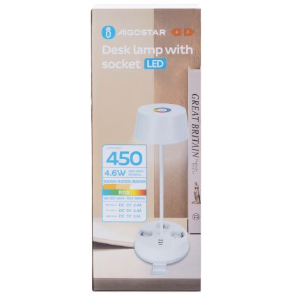 Aigostar - Lámpara de mesa LED RGBW regulable con enchufes y USB LED/4,6W/230V 3000/4000/6500K blanca