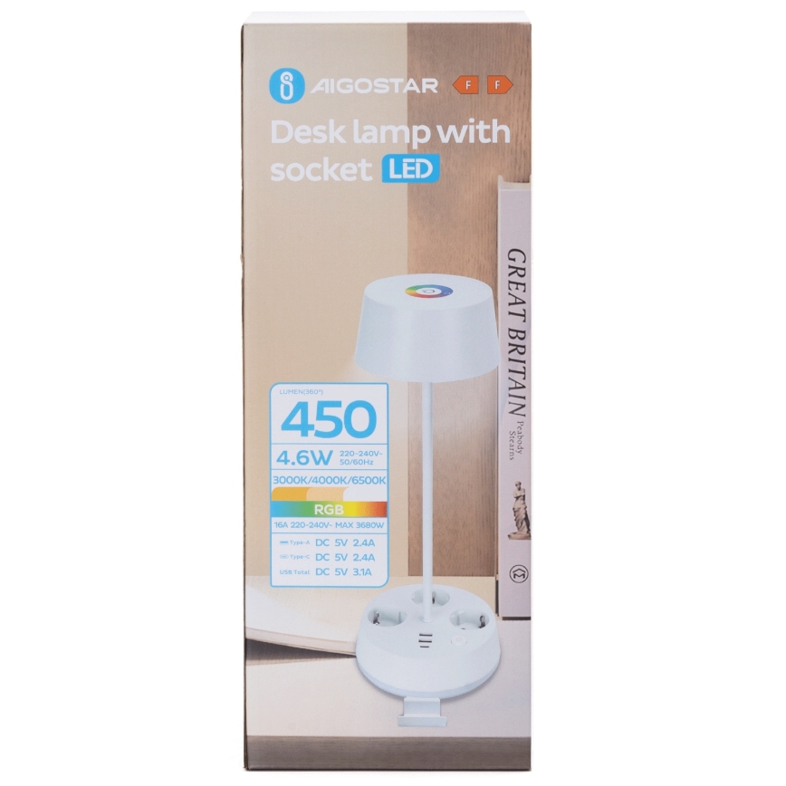 Aigostar - Lámpara de mesa LED RGBW regulable con enchufes y USB LED/4,6W/230V 3000/4000/6500K blanca