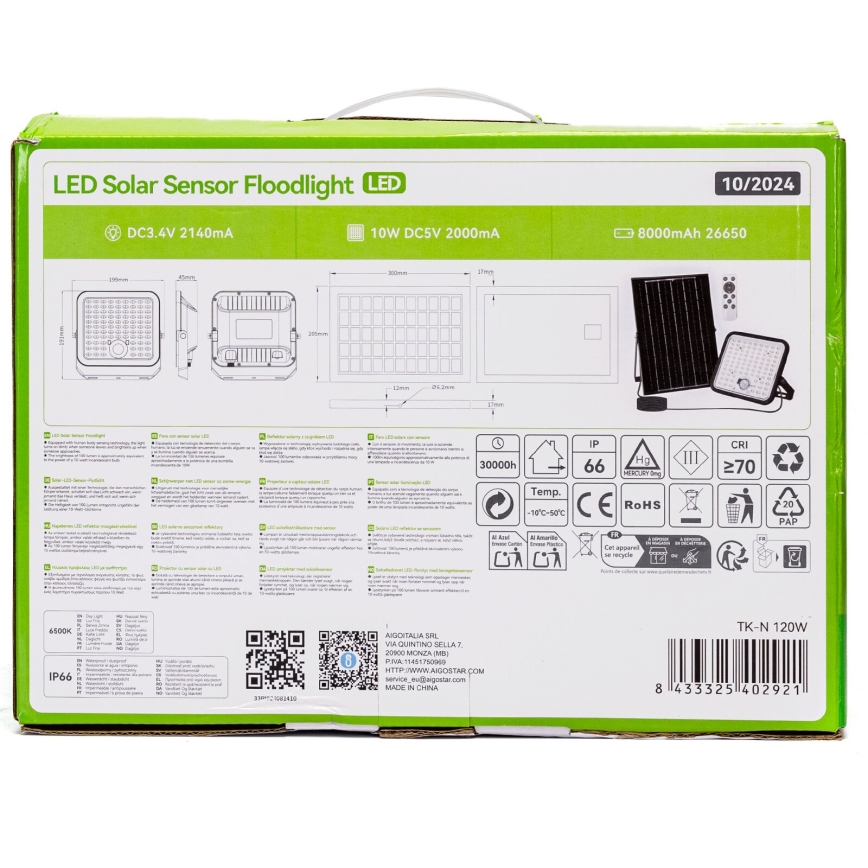 Aigostar - LED Proyector solar regulable con sensor LED/120W/3,4V 6500K IP66 8000 mAh + control remoto