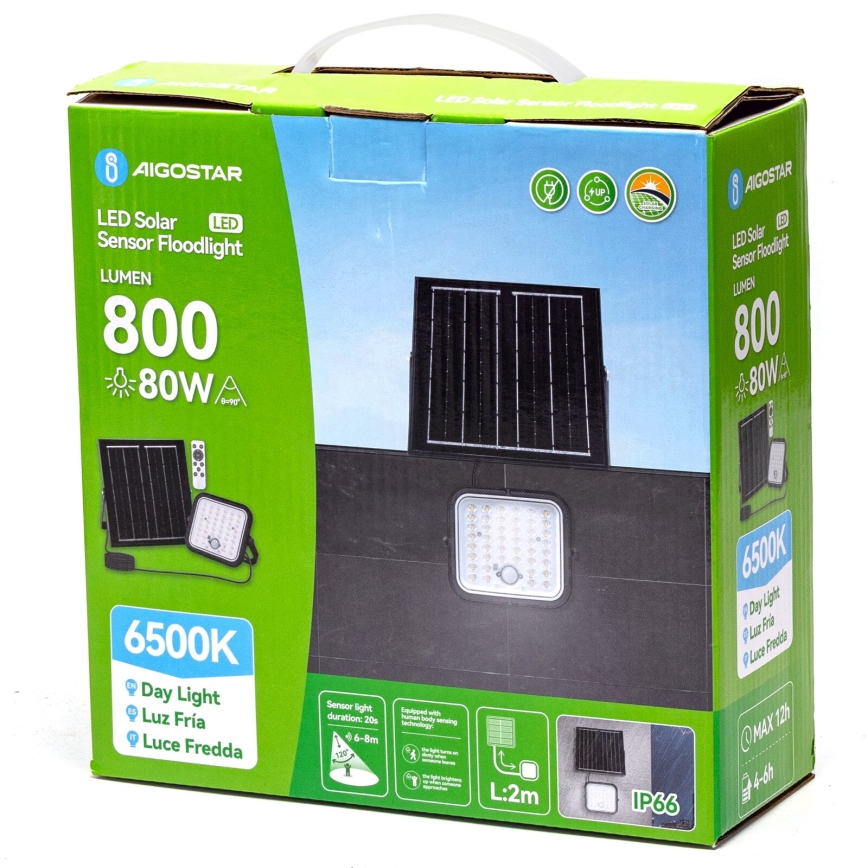 Aigostar - LED Proyector solar regulable con sensor LED/80W/3,4V 6500K IP66 4000 mAh + control remoto