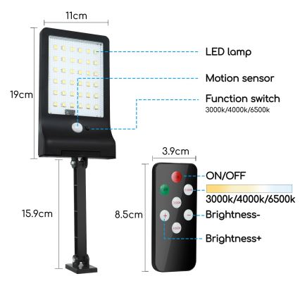 Aigostar - LED Regulable solar lámpara con sensor LED/2,3W/5,5V IP65 1800 mAh + control remoto