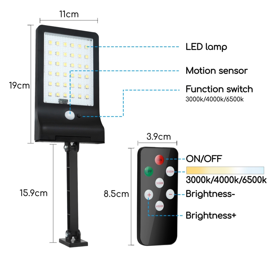 Aigostar - LED Regulable solar lámpara con sensor LED/2,3W/5,5V IP65 1800 mAh + control remoto