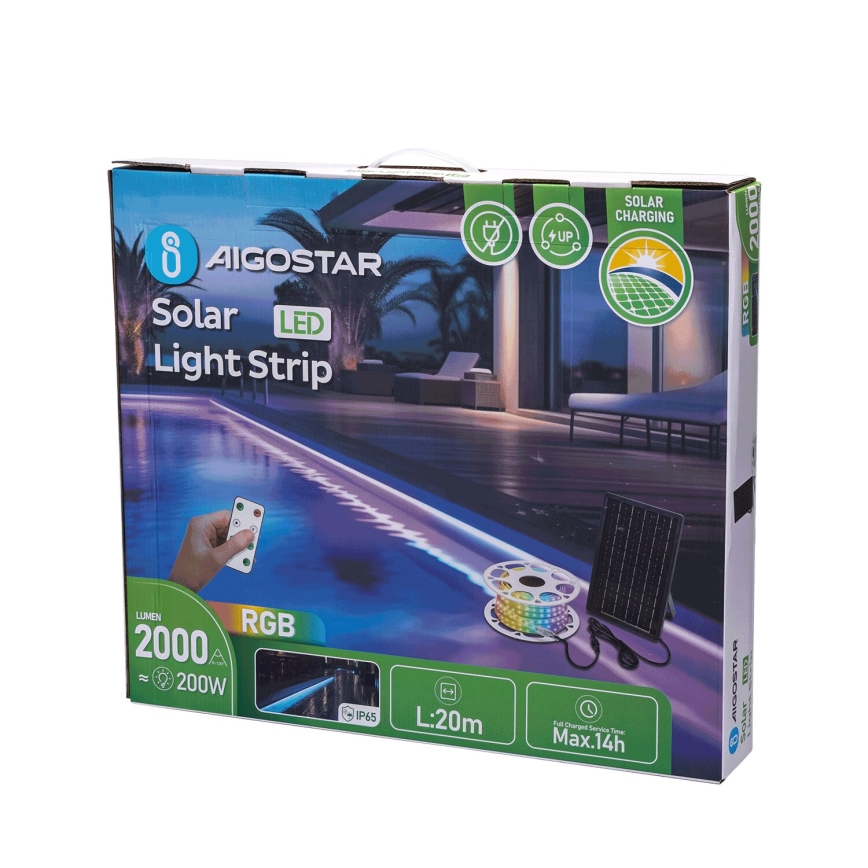 Aigostar - LED RGB Tira solar regulable LED/20W/3,2V 20 m IP65 20000 mAh + control remoto