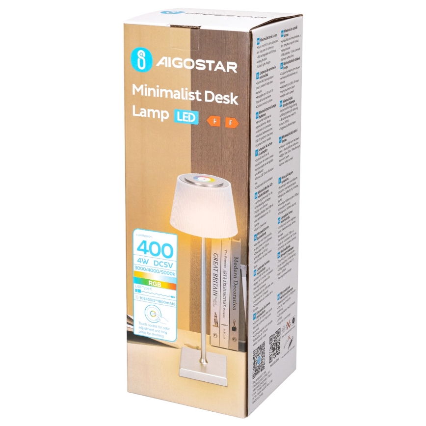 Aigostar - LED RGBW Lámpara de mesa recargable y regulable para exterior LED/4W/5V 3600mAh blanco/cromo mate IP54