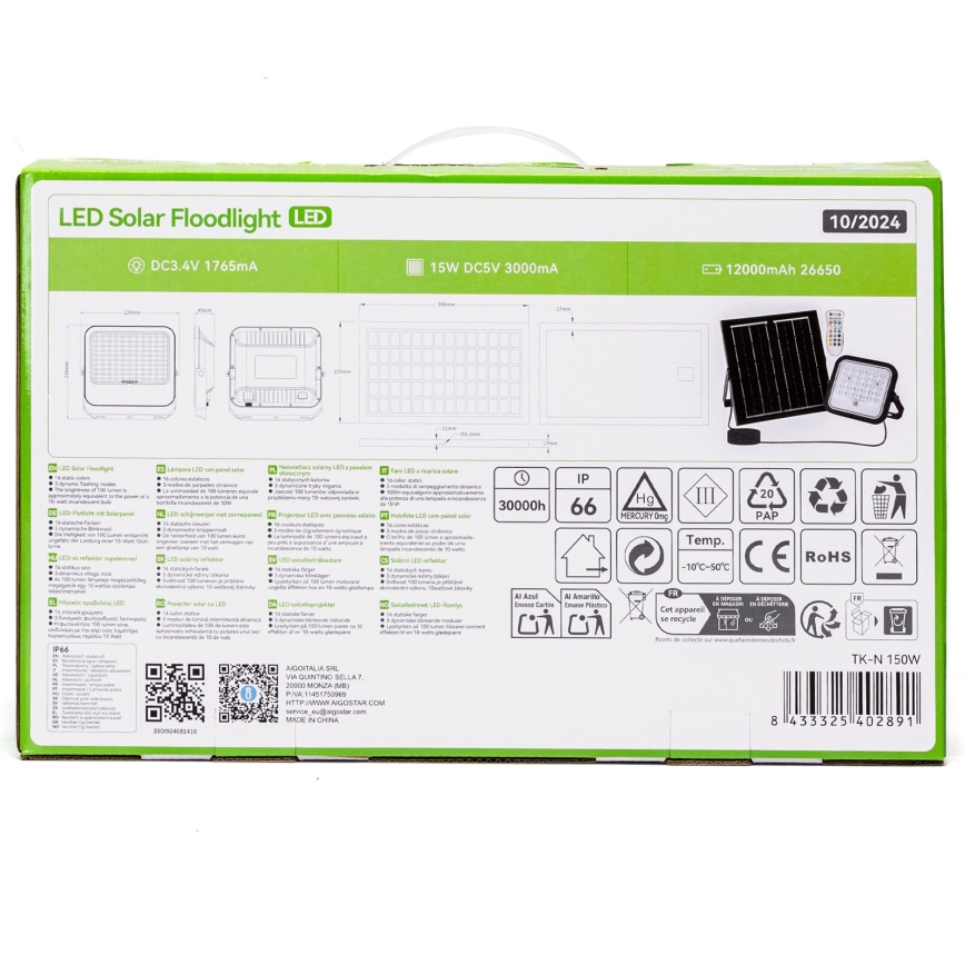 Aigostar - LED RGBW Proyector solar regulable LED/150W/3,4V IP66 12000 mAh + control remoto