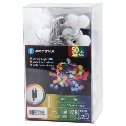 Aigostar - Cadena decorativa LED para exterior, 50 LEDs / 8 funciones, 5 m, IP44, multicolor