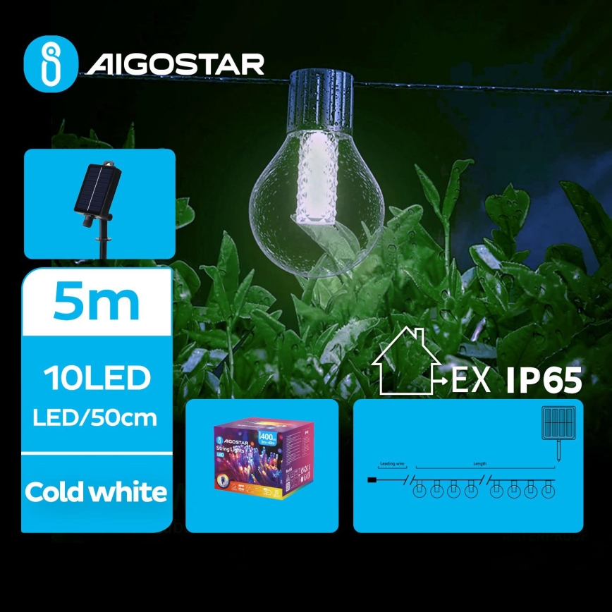 Aigostar - LED Solar cadena decorativa 10xLED/8 funciones 5,5m IP65 blanco frío 500 mAh