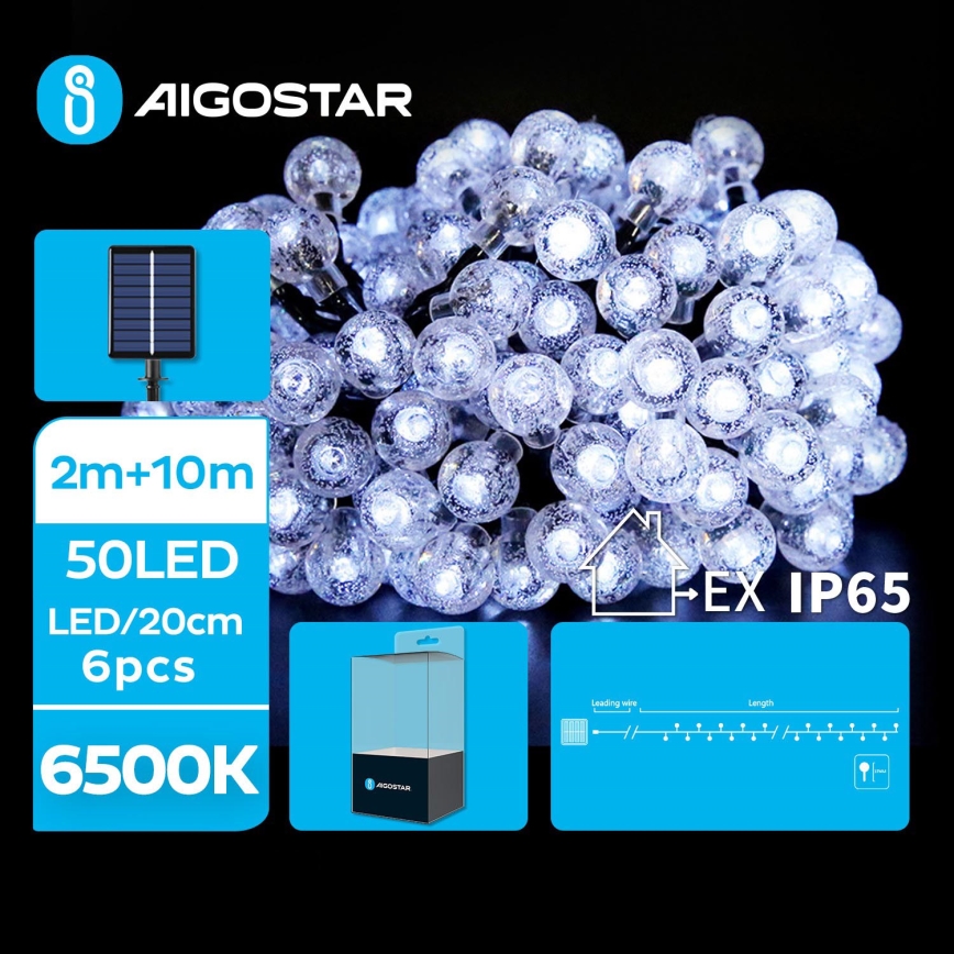 Aigostar - LED Solar cadena decorativa 50xLED/8 funciones 12m IP65 blanco frío 800 mAh