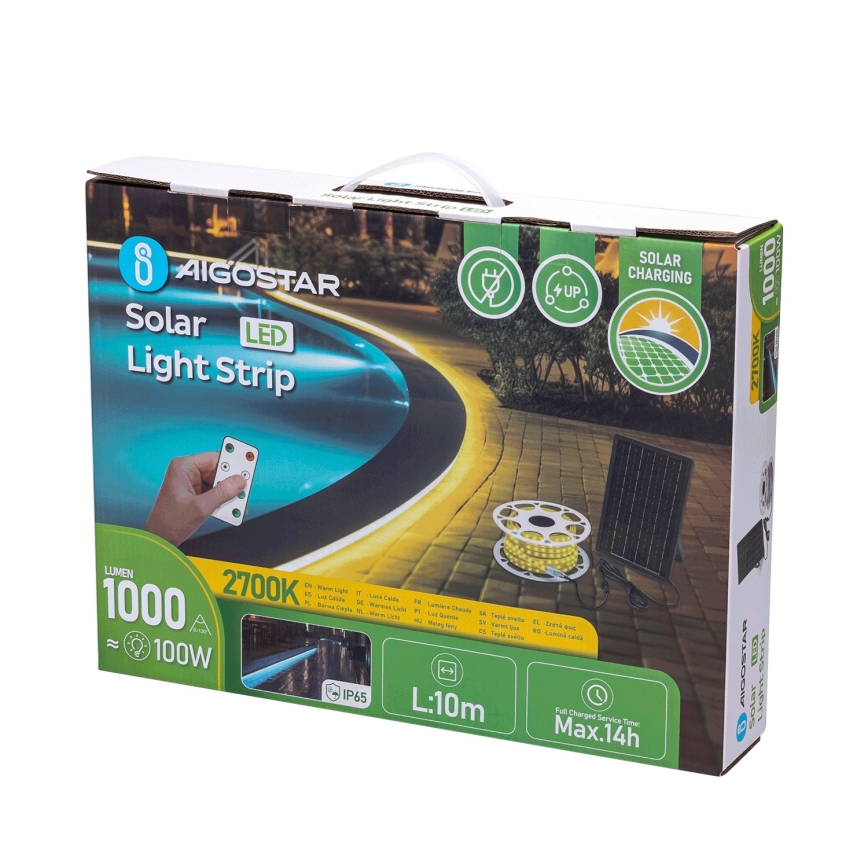 Aigostar - LED Tira solar regulable LED/10W/3,2V 10 m 2700K IP65 8000 mAh + control remoto