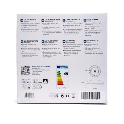 Aigostar - Luminaria de techo LED con sensor LED/12W/230V 3000K, diámetro 28 cm