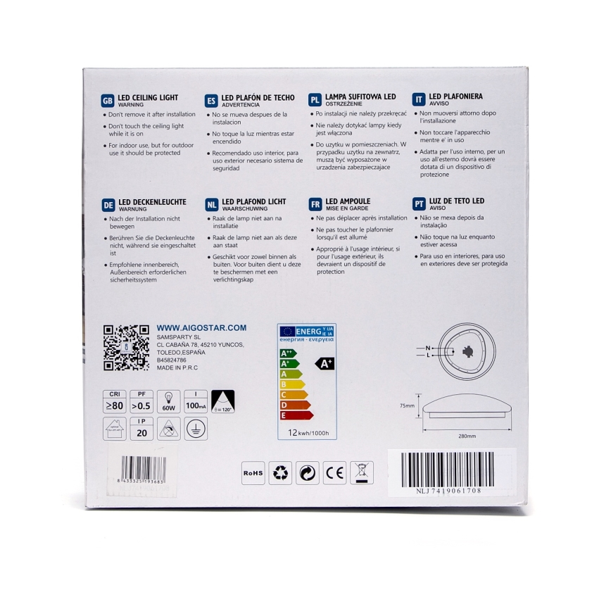 Aigostar - Luminaria de techo LED con sensor LED/12W/230V 3000K, diámetro 28 cm