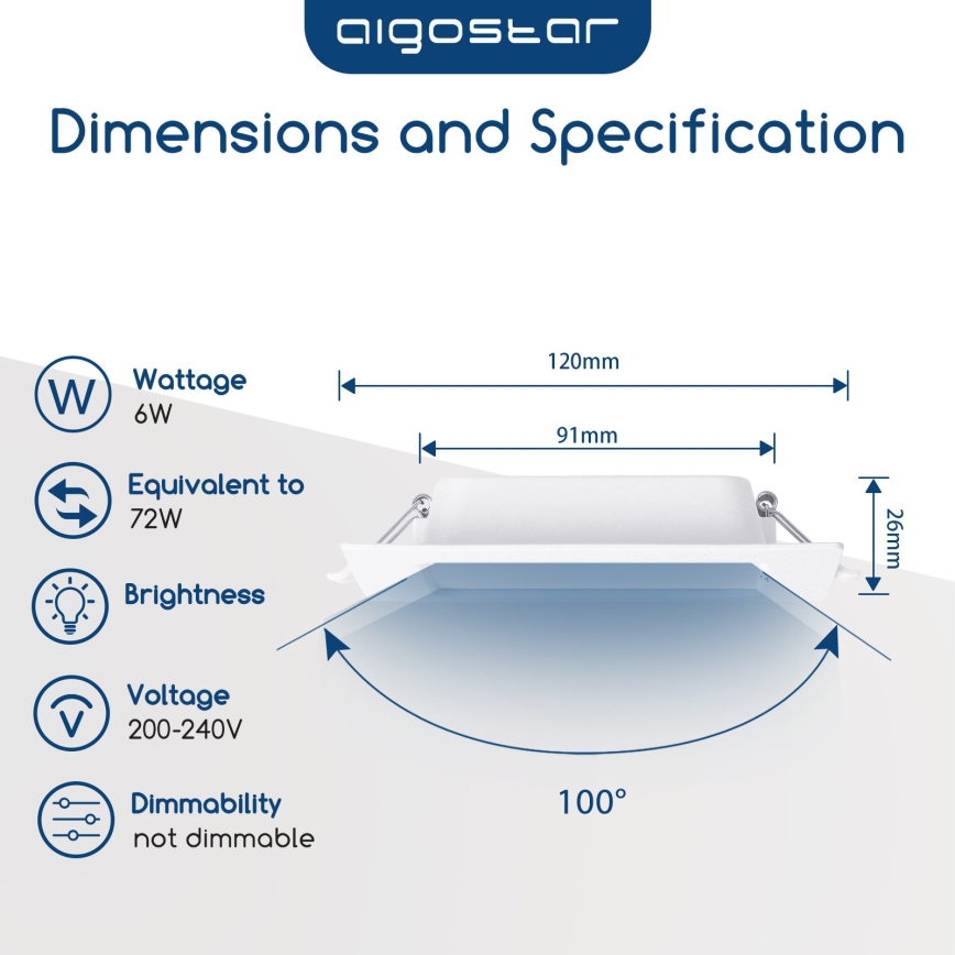 Aigostar - Luminaria empotrable LED/6W/230V 3000K 12x12 cm blanca