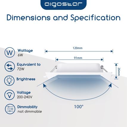 Aigostar - Luminaria empotrada LED 6 W, 230 V, 4000 K (blanco neutro), 12 x 12 cm, color blanco