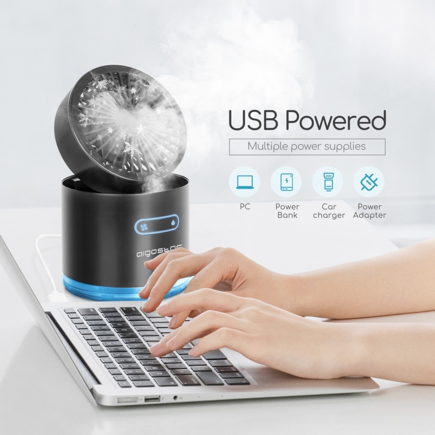 Aigostar - Mini ventilador de mesa inalámbrico RGB con efecto niebla MIST 10W/5V 2000mAh negro