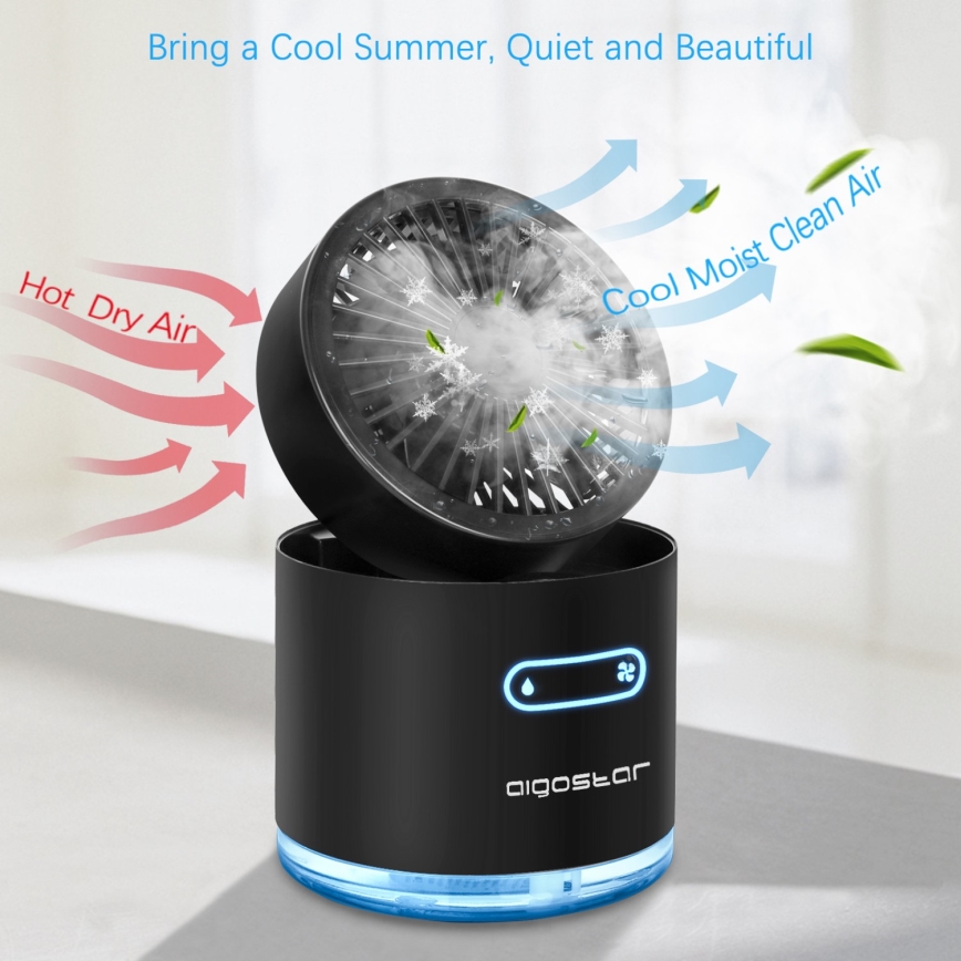 Aigostar - Mini ventilador de mesa inalámbrico RGB con efecto niebla MIST 10W/5V 2000mAh negro