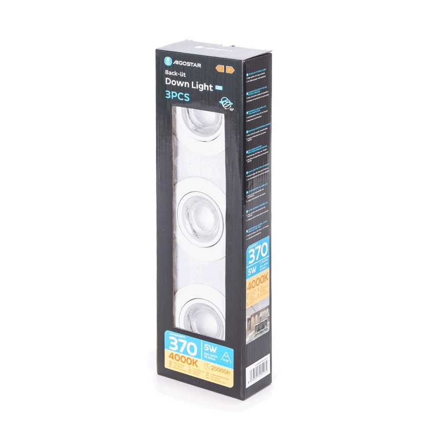 Aigostar - Pack de 3 focos empotrables LED/5W/230V 4000K, diámetro 8,5 cm, blanco