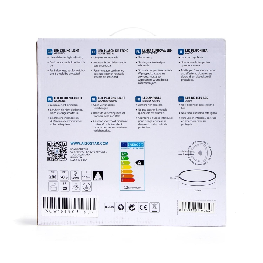 Aigostar - Plafón LED/12W/230V 3000K 23 cm de diámetro blanco