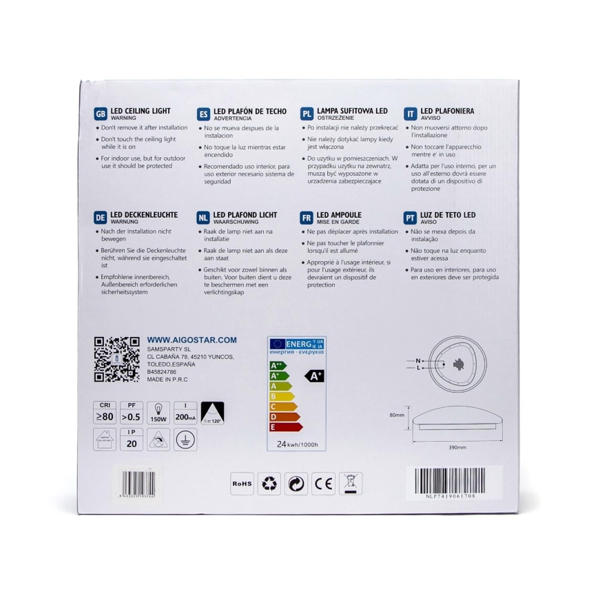Aigostar - Plafón LED con sensor LED/24W/230V 3000K