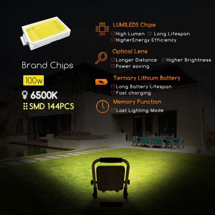 Aigostar - Proyector LED recargable y regulable LED/100W/5V 6500K IP65 15000 mAh