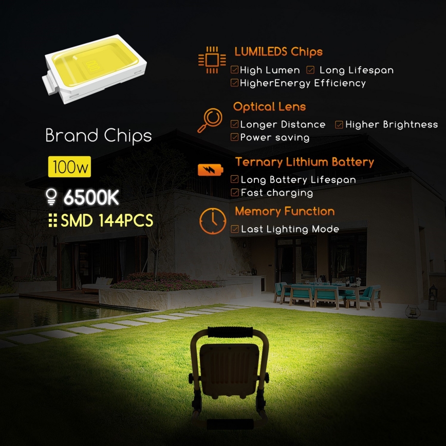 Aigostar - Proyector LED recargable y regulable LED/100W/5V 6500K IP65 15000 mAh