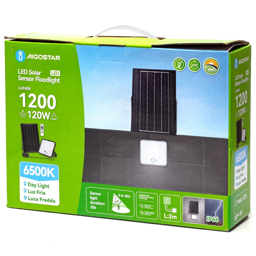 Aigostar - Proyector solar LED regulable con sensor LED/120W/3,4V 6500K IP66 8000 mAh + control remoto
