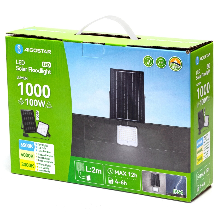 Aigostar - Proyector solar LED regulable LED/100W/3,4V 3000/4000/6500K IP66 8000 mAh + control remoto