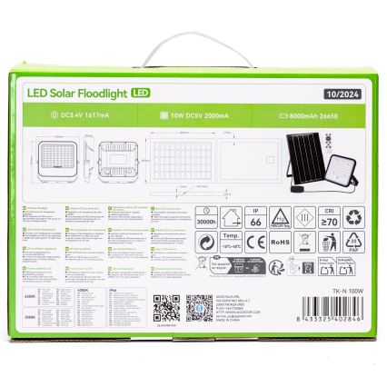 Aigostar - Proyector solar LED regulable LED/100W/3,4V 3000/4000/6500K IP66 8000 mAh + control remoto