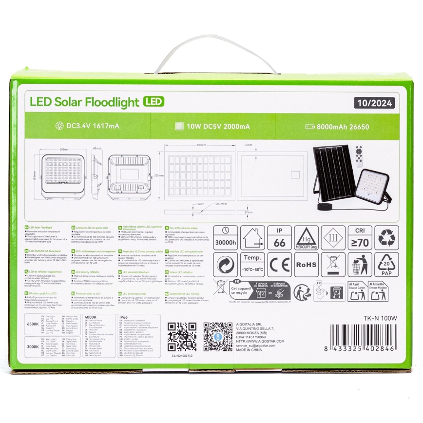 Aigostar - Proyector solar LED regulable LED/100W/3,4V 3000/4000/6500K IP66 8000 mAh + control remoto