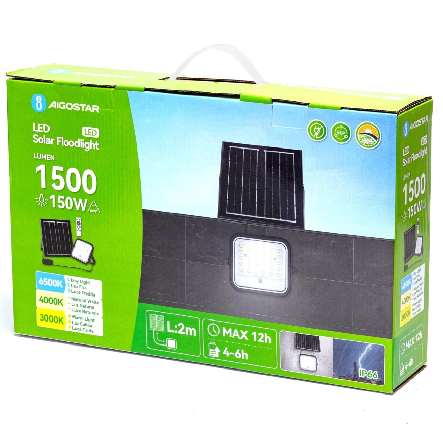 Aigostar - Proyector solar LED regulable LED/150W/3,4V 3000/4000/6500K IP66 12000 mAh + control remoto