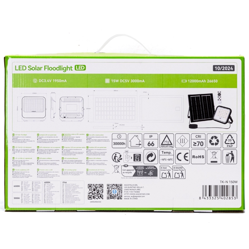 Aigostar - Proyector solar LED regulable LED/150W/3,4V 3000/4000/6500K IP66 12000 mAh + control remoto